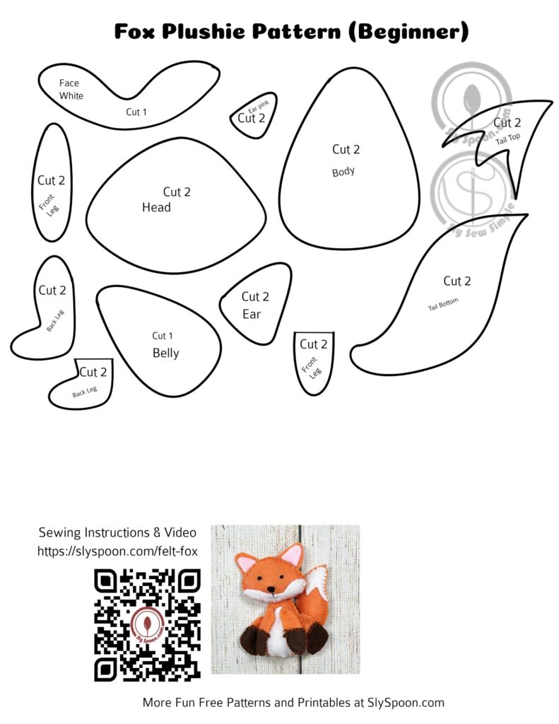 Free Printable Felt Sewing Fall Fox Pattern with QR code for video sew along Thanksgiving Winter