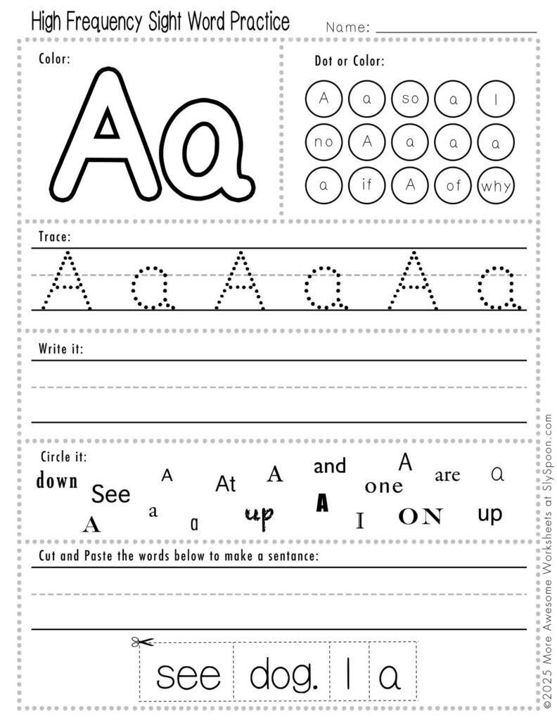 Free Printable Sight word worksheets high frequency Sight Word Practice Dolch and Fry - Sight Word "a" printable page with multiple activities, including dot marker, sight word tracing, cut and paste
