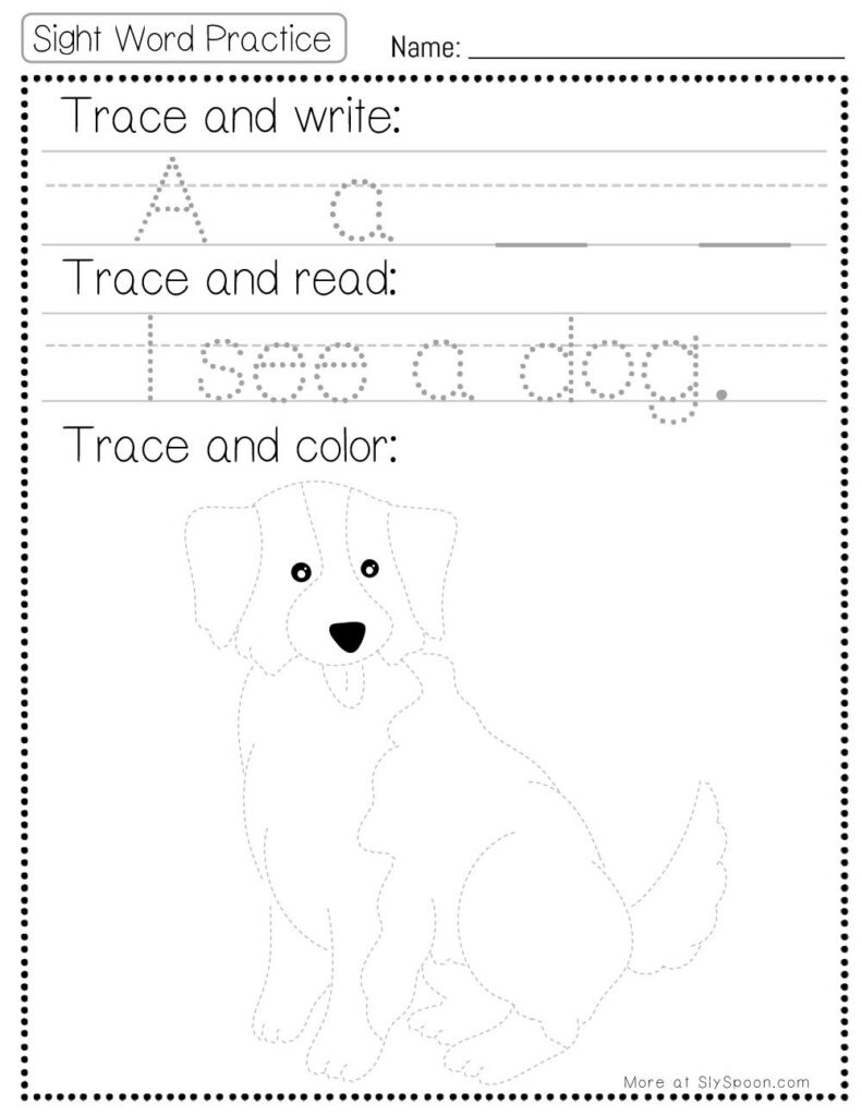 Free Printable Sight word worksheets high frequency Sight Word Practice Dolch and Fry - Sight Word "a" printable page with multiple activities. The tail of a dog. Trace and Write, Trace and Read, Trace and Color.