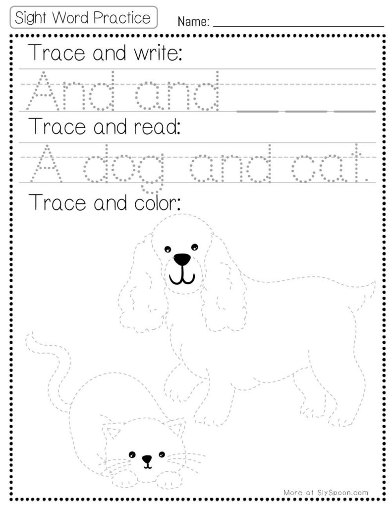 Free Printable Sight word worksheets high frequency Sight Word Practice Dolch and Fry - Sight Word "and" printable page with multiple activities. A dog and cat. Trace and Write, Trace and Read, Trace and Color.