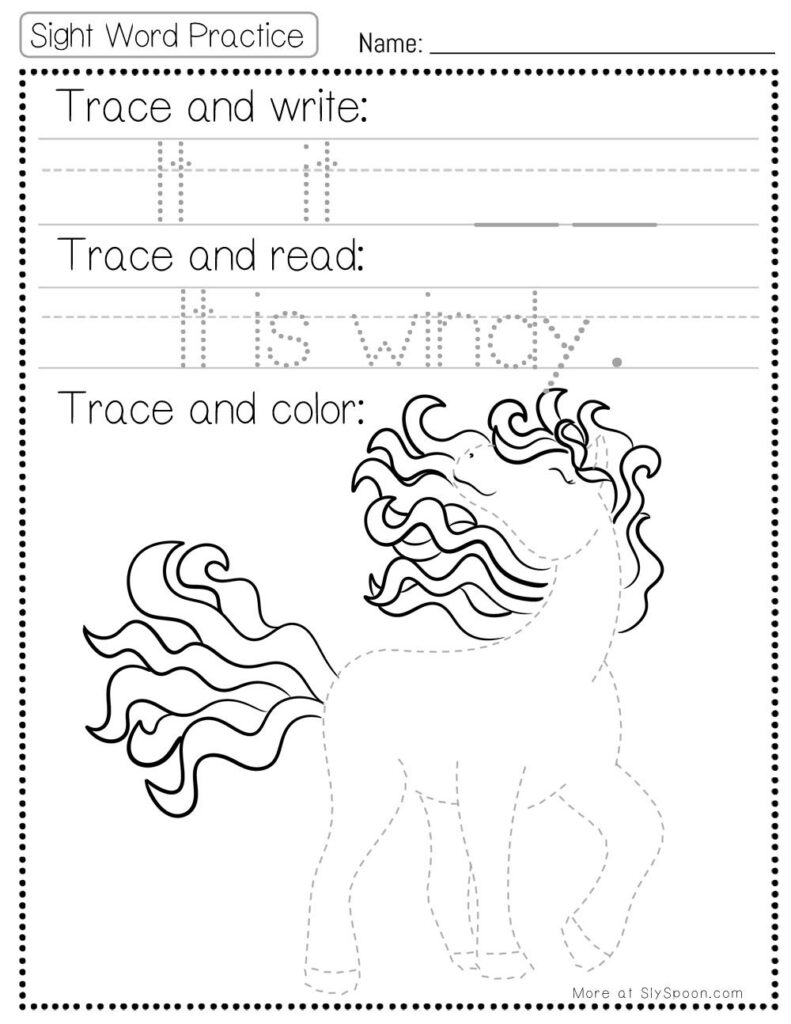 Free Printable Sight word worksheets high frequency Sight Word Practice Dolch and Fry - Sight Word "it" printable page with multiple activities. Trace and Write, Trace and Read, Trace and Color. It is windy.