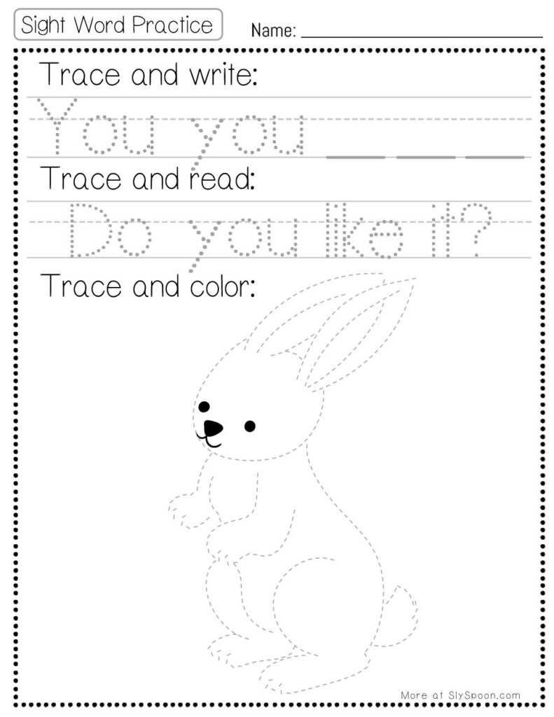Free Printable Sight word worksheets high frequency Sight Word Practice Dolch and Fry - Sight Word "you" printable page with multiple activities. Trace and Write, Trace and Read, Trace and Color. Do you like it?
