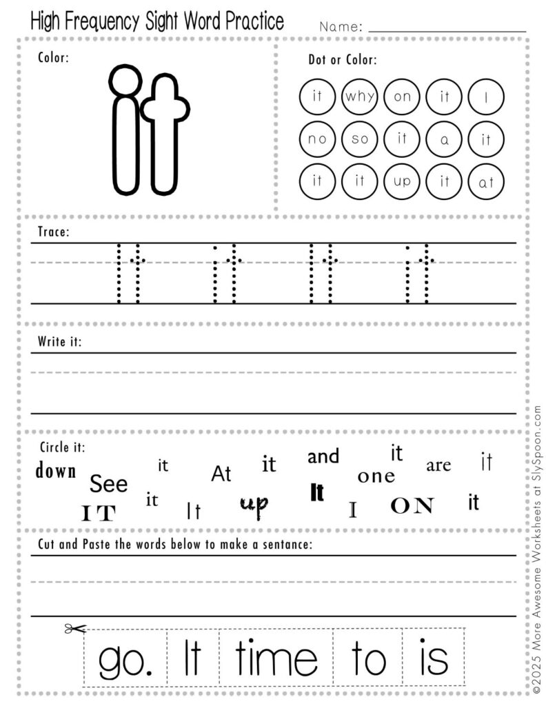 Free Printable Sight word worksheets high frequency Sight Word Practice Dolch and Fry - Sight Word "it" printable page with multiple activities, including dot marker, sight word tracing, cut and paste