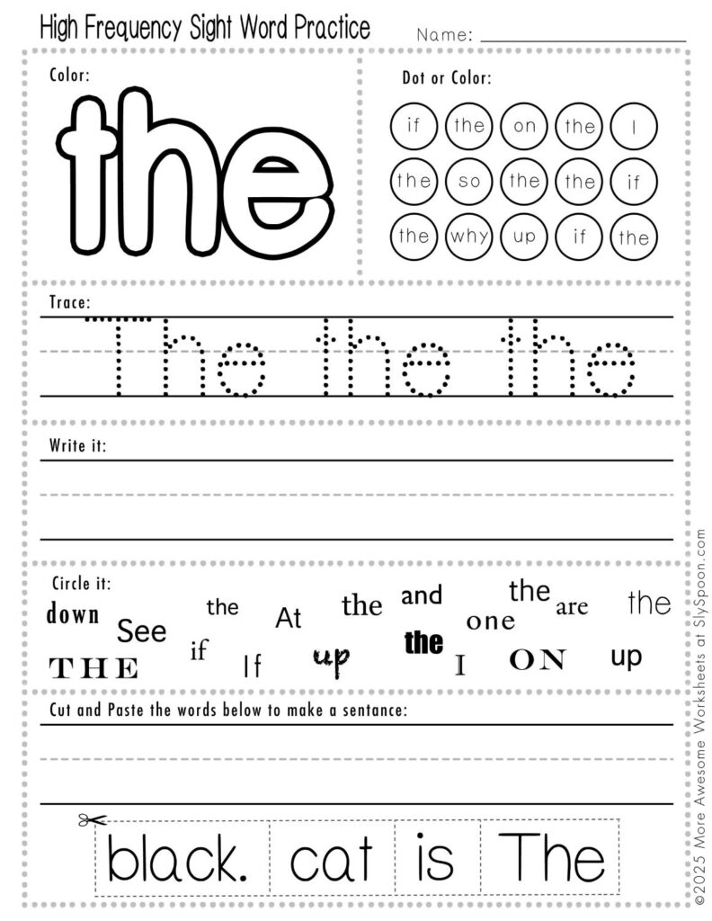 Free Printable Sight word worksheets high frequency Sight Word Practice Dolch and Fry - Sight Word "The" printable page with multiple activities, including dot marker, sight word tracing, cut and paste