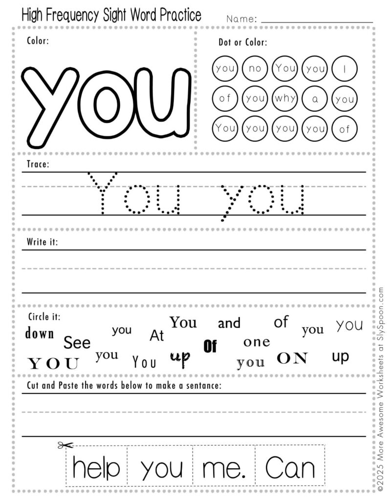 Free Printable Sight word worksheets high frequency Sight Word Practice Dolch and Fry - Sight Word "you" printable page with multiple activities, including dot marker, sight word tracing, cut and paste