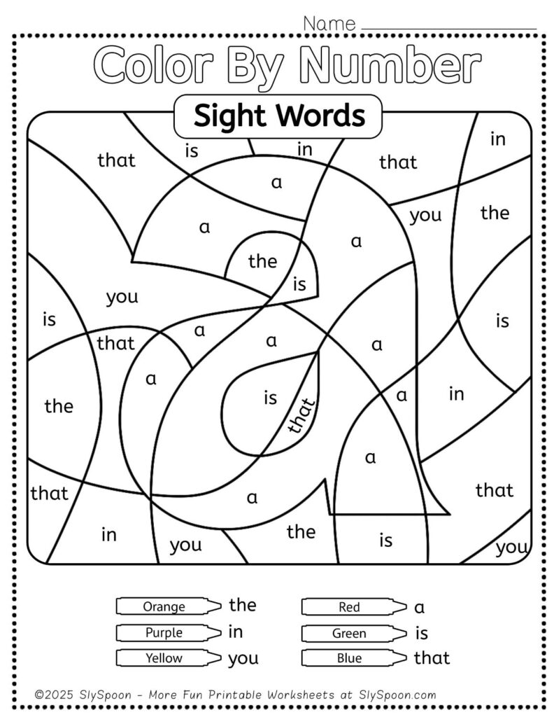 Free Printable Sight word worksheets high frequency Sight Word Practice Dolch and Fry - Sight Word "a" printable page color by number style, but color by word.