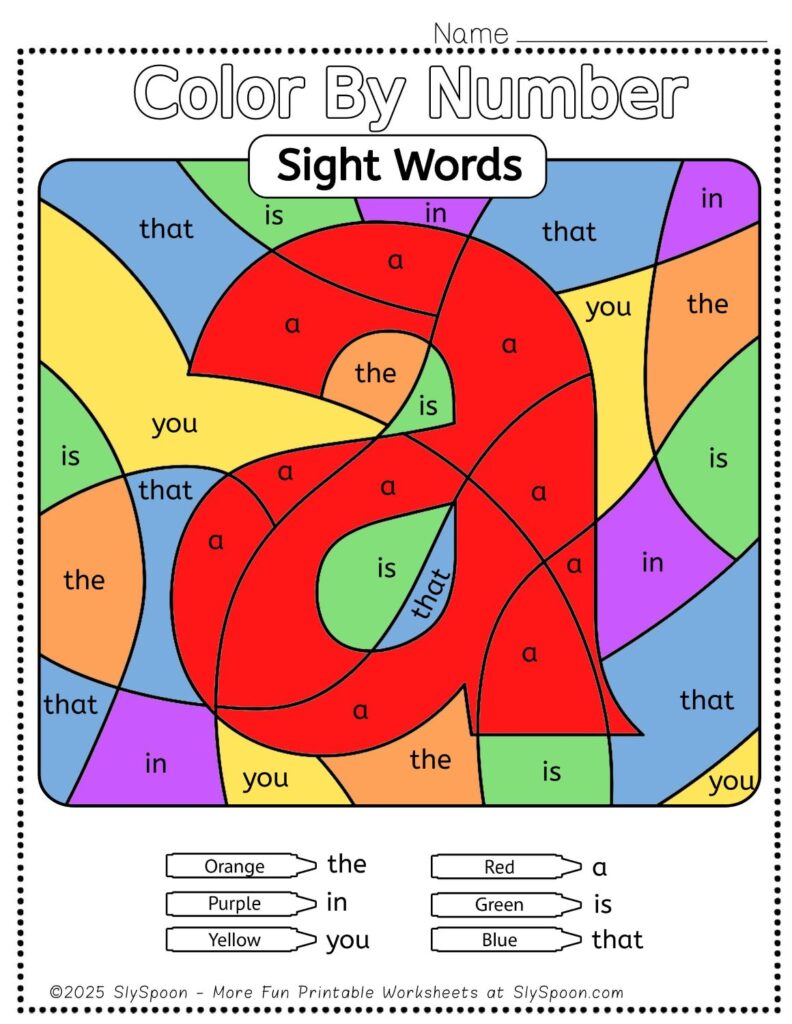 Free Printable Sight word worksheets high frequency Sight Word Practice Dolch and Fry - Sight Word "a" printable page color by number style, but color by word.