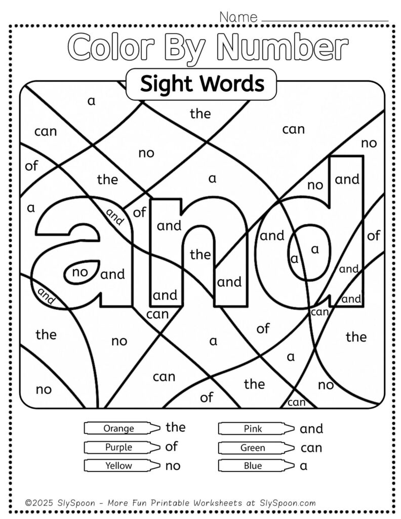 Free Printable Sight word worksheets high frequency Sight Word Practice Dolch and Fry - Sight Word "and" printable page color by number style, but color by word.