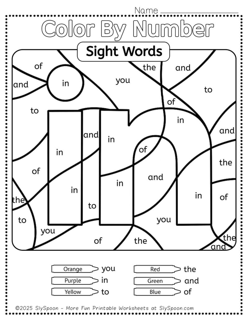 Free Printable Sight word worksheets high frequency Sight Word Practice Dolch and Fry - Sight Word "in" printable page color by number style, but color by word.