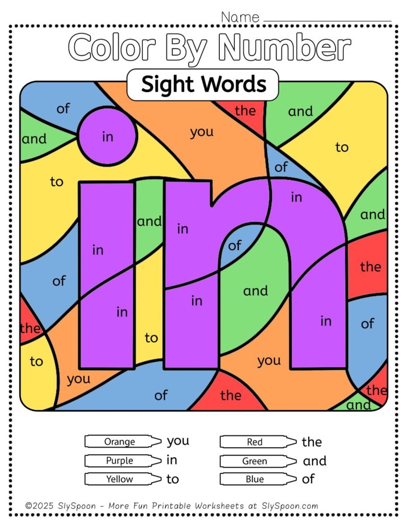 Free Printable Sight word worksheets high frequency Sight Word Practice Dolch and Fry - Sight Word "in" printable page color by number style, but color by word.