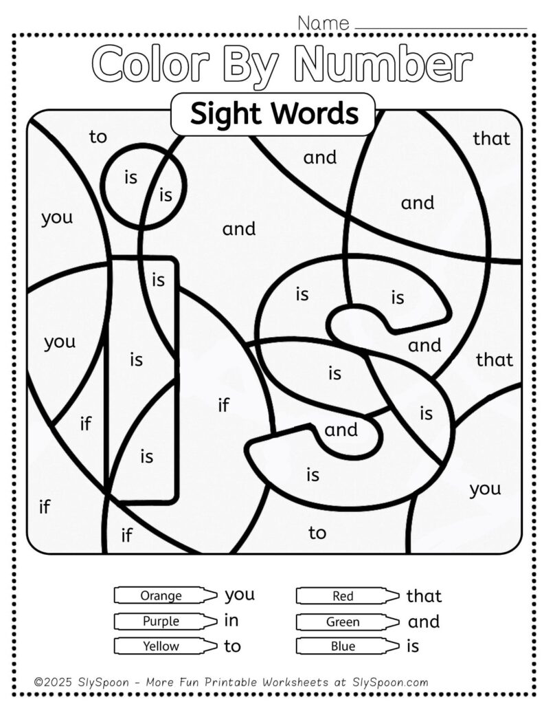 Free Printable Sight word worksheets high frequency Sight Word Practice Dolch and Fry - Sight Word "is" printable page color by number style, but color by word.