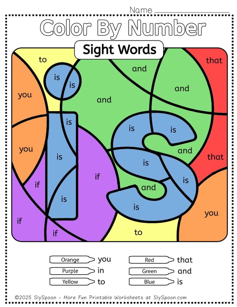 Free Printable Sight word worksheets high frequency Sight Word Practice Dolch and Fry - Sight Word "is" printable page color by number style, but color by word.