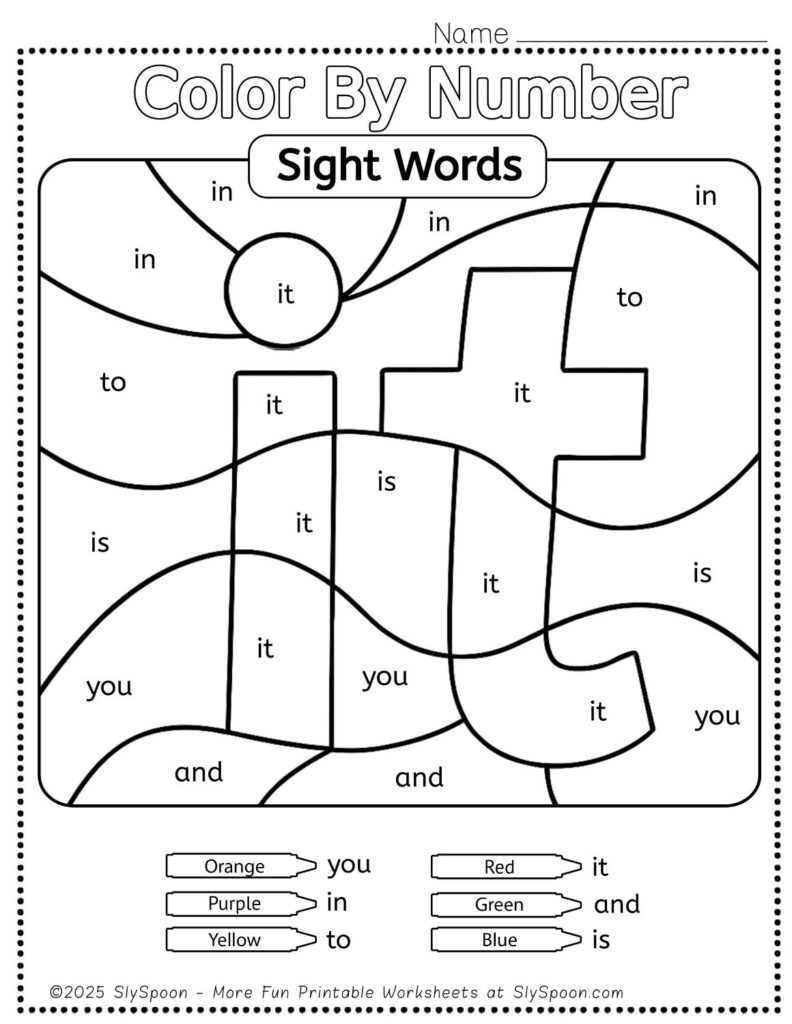 Free Printable Sight word worksheets high frequency Sight Word Practice Dolch and Fry - Sight Word "it" printable page color by number style, but color by word.