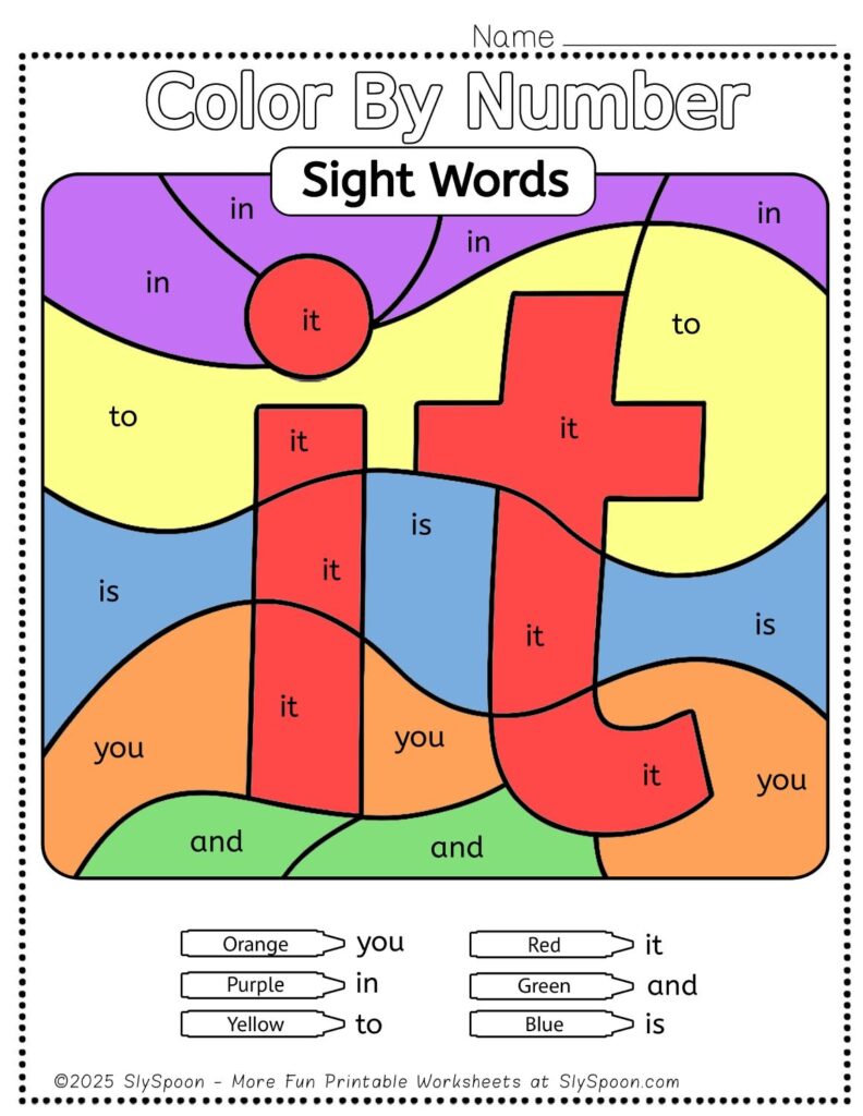 Free Printable Sight word worksheets high frequency Sight Word Practice Dolch and Fry - Sight Word "it" printable page color by number style, but color by word.