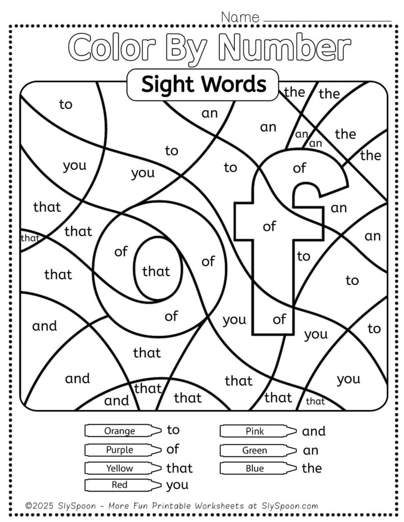 Free Printable Sight word worksheets high frequency Sight Word Practice Dolch and Fry - Sight Word "of" printable page color by number style, but color by word.