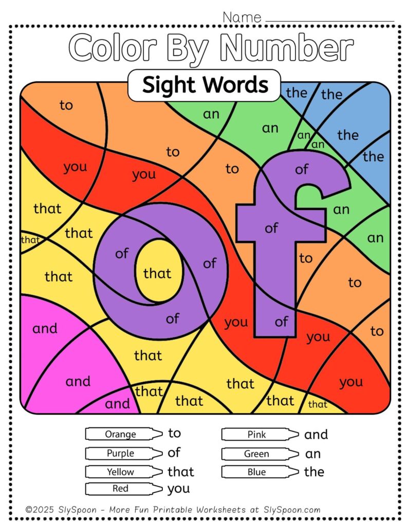 Free Printable Sight word worksheets high frequency Sight Word Practice Dolch and Fry - Sight Word "of" printable page color by number style, but color by word.
