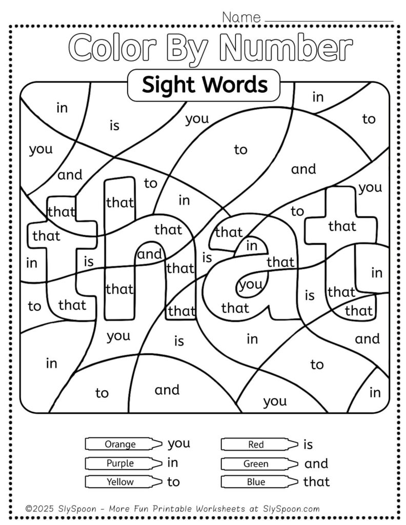 Free Printable Sight word worksheets high frequency Sight Word Practice Dolch and Fry - Sight Word "that" printable page color by number style, but color by word.