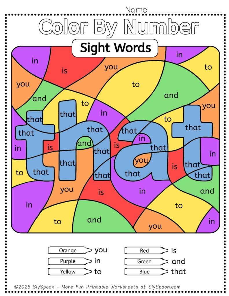 Free Printable Sight word worksheets high frequency Sight Word Practice Dolch and Fry - Sight Word "that" printable page color by number style, but color by word.