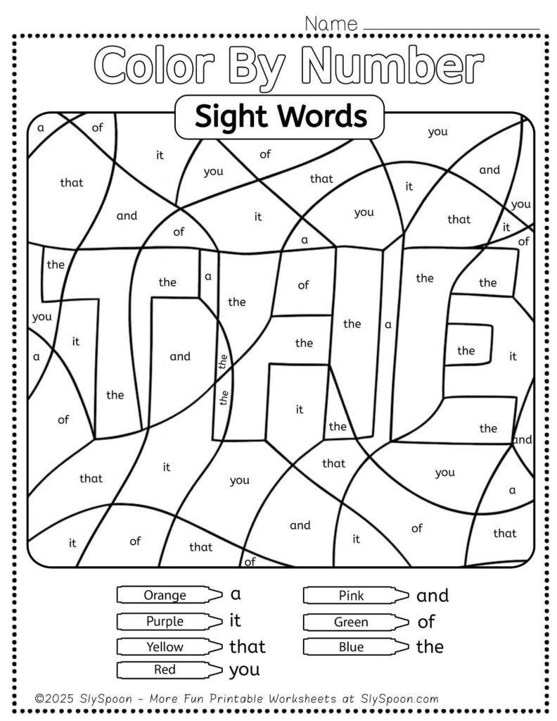 Free Printable Sight word worksheets high frequency Sight Word Practice Dolch and Fry - Sight Word "The" printable page color by number style, but color by word.