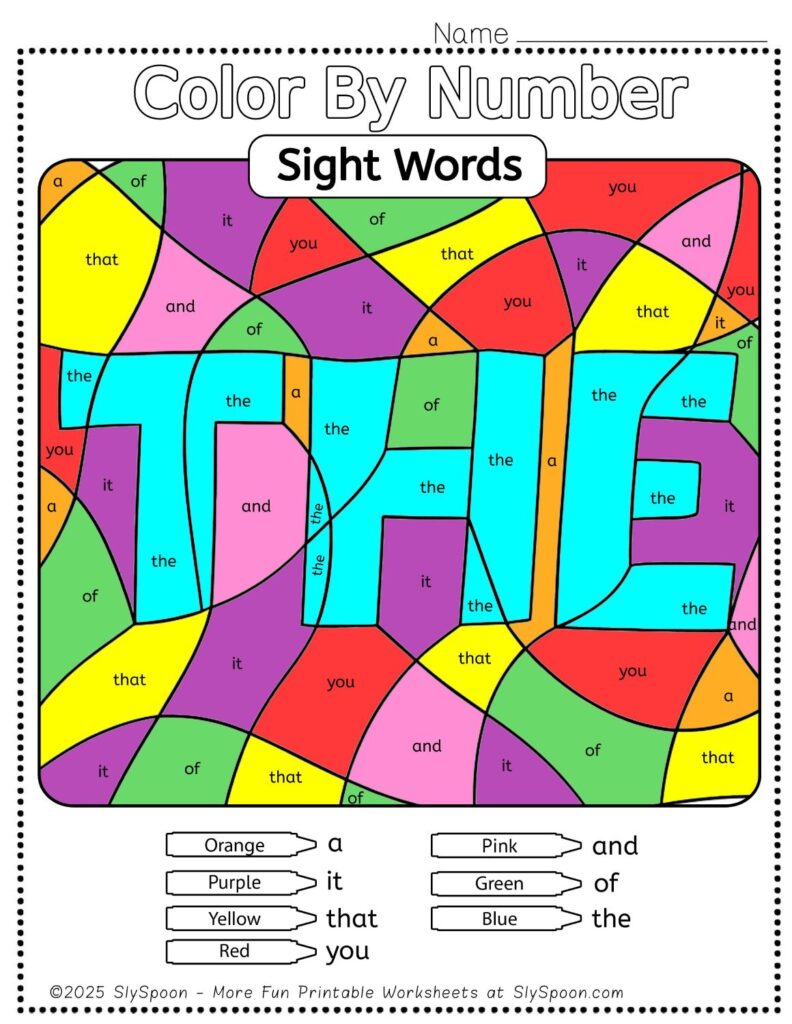 Free Printable Sight word worksheets high frequency Sight Word Practice Dolch and Fry - Sight Word "The" printable page color by number style, but color by word.