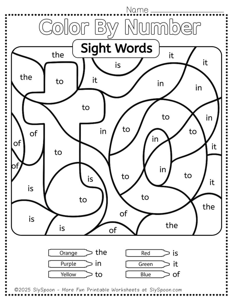 Free Printable Sight word worksheets high frequency Sight Word Practice Dolch and Fry - Sight Word "to" printable page color by number style, but color by word.