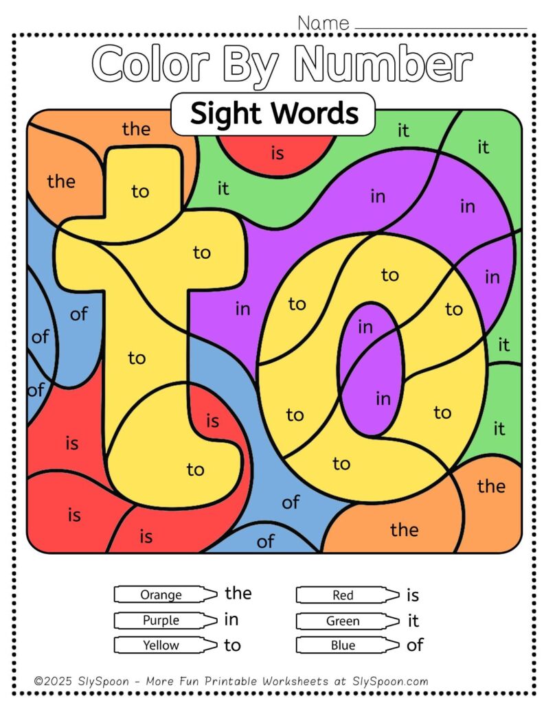 Free Printable Sight word worksheets high frequency Sight Word Practice Dolch and Fry - Sight Word "to" printable page color by number style, but color by word.