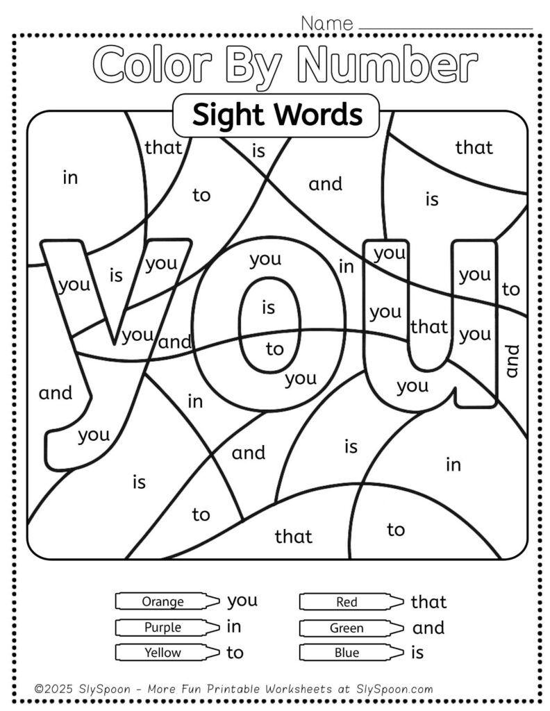 Free Printable Sight word worksheets high frequency Sight Word Practice Dolch and Fry - Sight Word "you" printable page color by number style, but color by word.