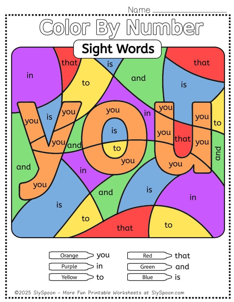 Free Printable Sight word worksheets high frequency Sight Word Practice Dolch and Fry - Sight Word "you" printable page color by number style, but color by word.