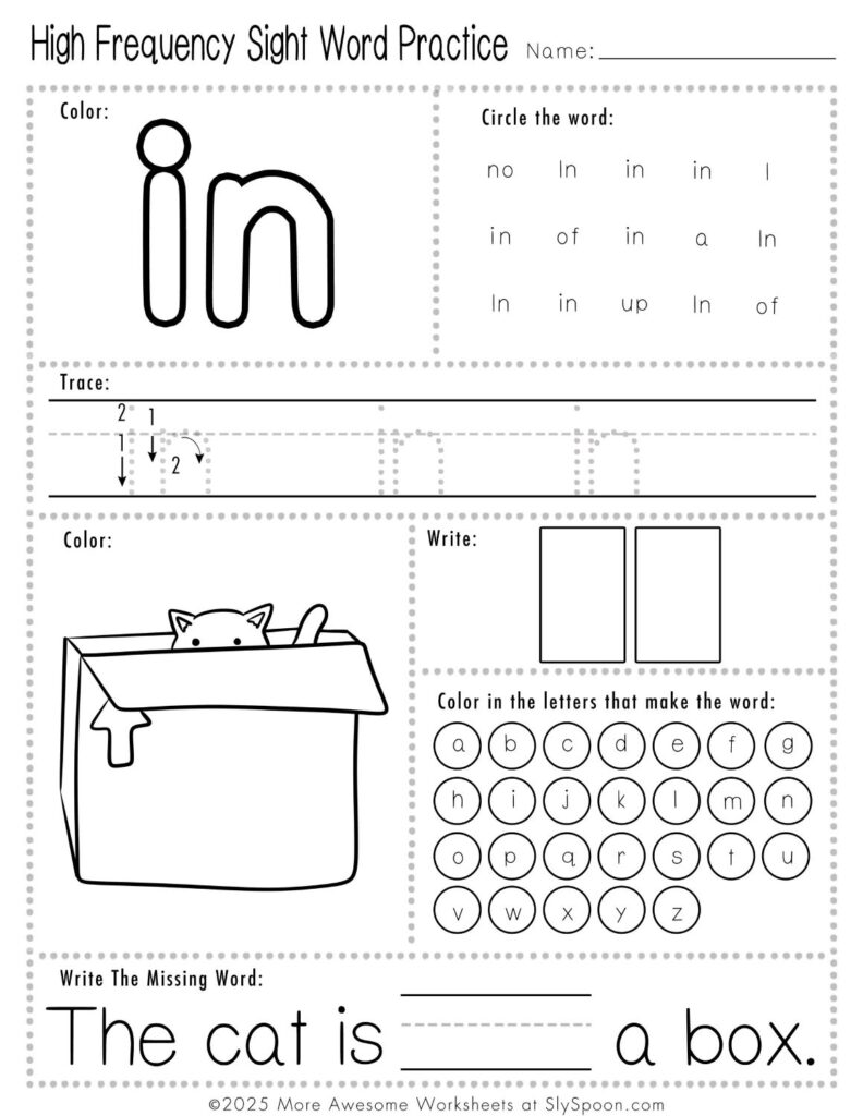 Free Printable Sight word worksheets high frequency Sight Word Practice Dolch and Fry - Sight Word "in" printable page with multiple activities. The cat is in a box.