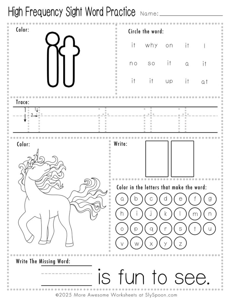 Free Printable Sight word worksheets high frequency Sight Word Practice Dolch and Fry - Sight Word "it" printable page with multiple activities. It is fun to see.
