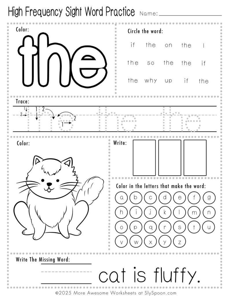Free Printable Sight word worksheets high frequency Sight Word Practice Dolch and Fry - Sight Word "The" printable page with multiple activities. The cat is fluffy.