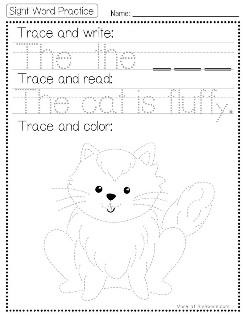 Free Printable Sight word worksheets high frequency Sight Word Practice Dolch and Fry - Sight Word "The" printable page with multiple activities. The cat is fluffy. Trace and Write, Trace and Read, Trace and Color.