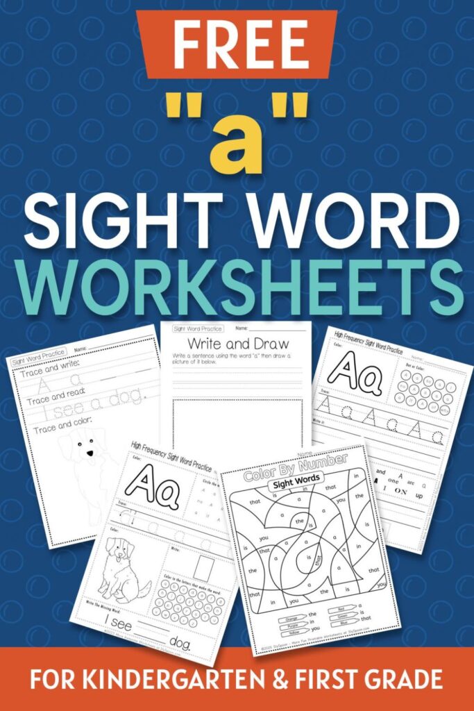 5 Free "a" sight word worksheets printable bundle overview image showing a thumbnail of all 5 printable pages for sight word "a"