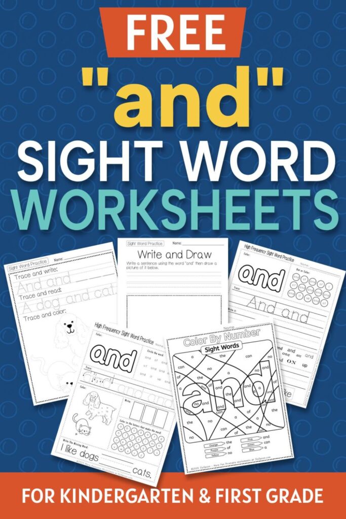 5 Free "and" sight word worksheets printable bundle overview image showing a thumbnail of all 5 printable pages for sight word "and"