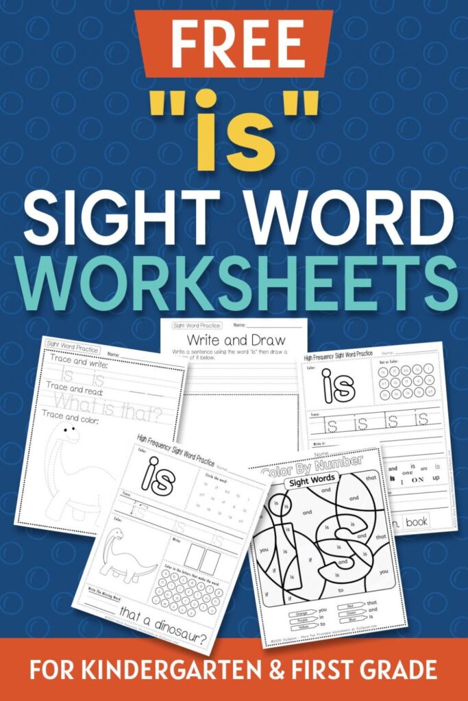 5 Free "is" sight word worksheets printable bundle overview image showing a thumbnail of all 5 printable pages for sight word "is"
