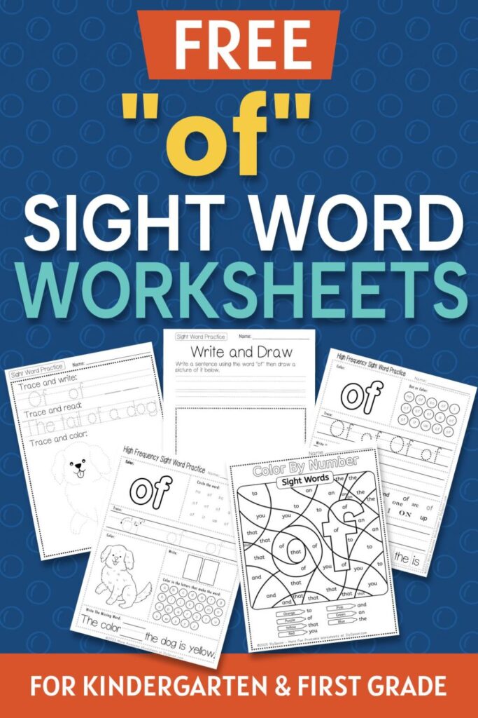 5 Free "of" sight word worksheets printable bundle overview image showing a thumbnail of all 5 printable pages for sight word "of"
