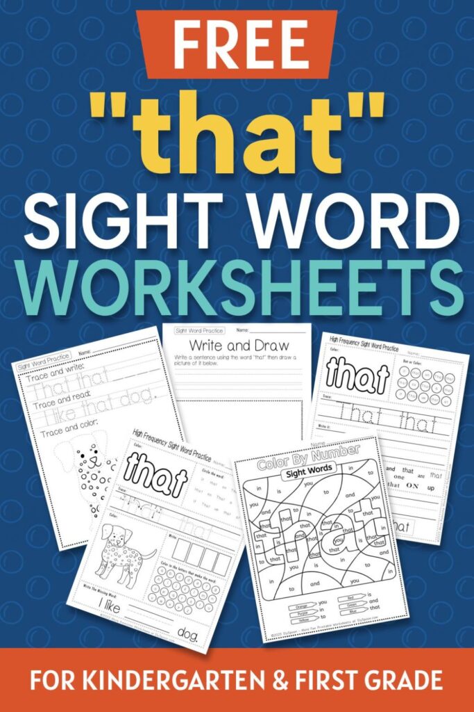 5 Free "that" sight word worksheets printable bundle overview image showing a thumbnail of all 5 printable pages for sight word "that"