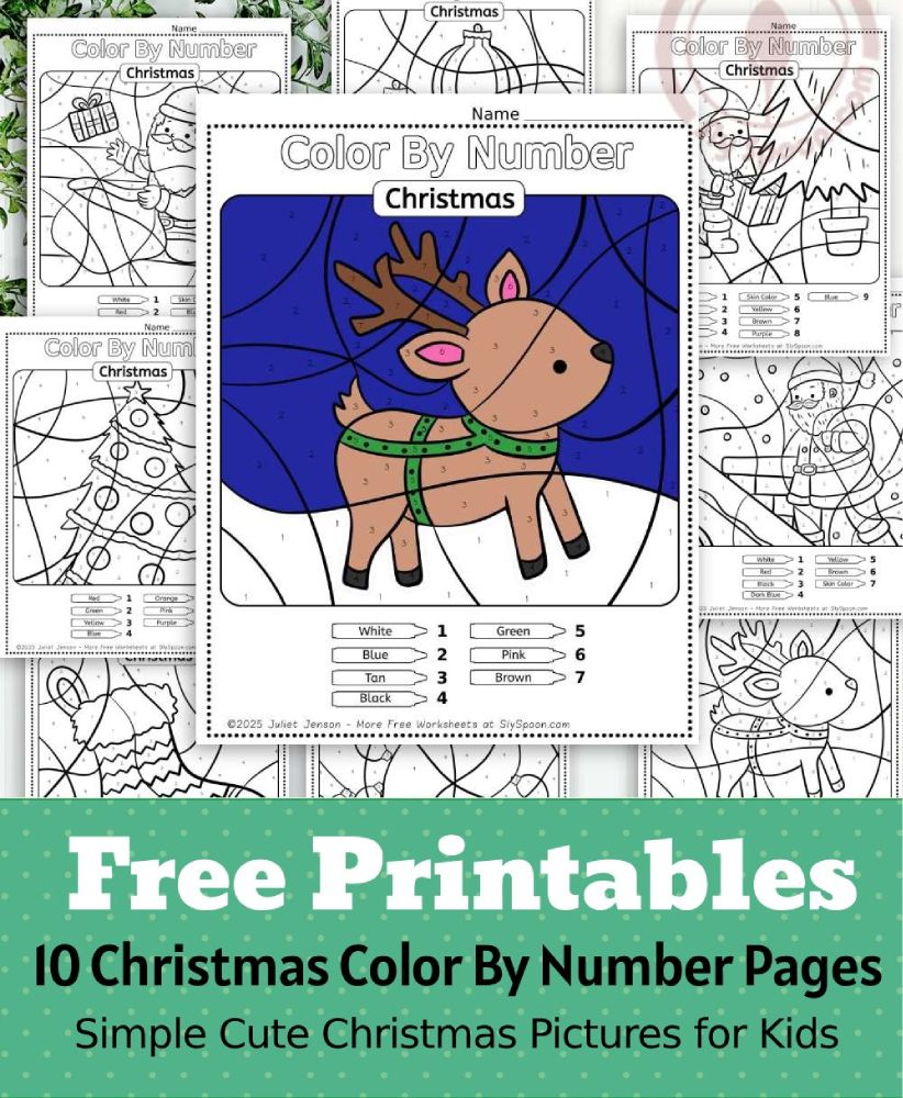 Free Printable Easy Christmas activity idea - Color By Number Worksheet featuring a cute Christmas Reindeer Presents design.
