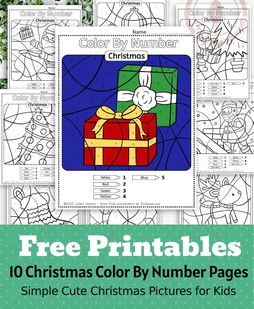 Free Printable Easy Christmas activity idea - Color By Number Worksheet featuring a cute Christmas Gifts Presents design.