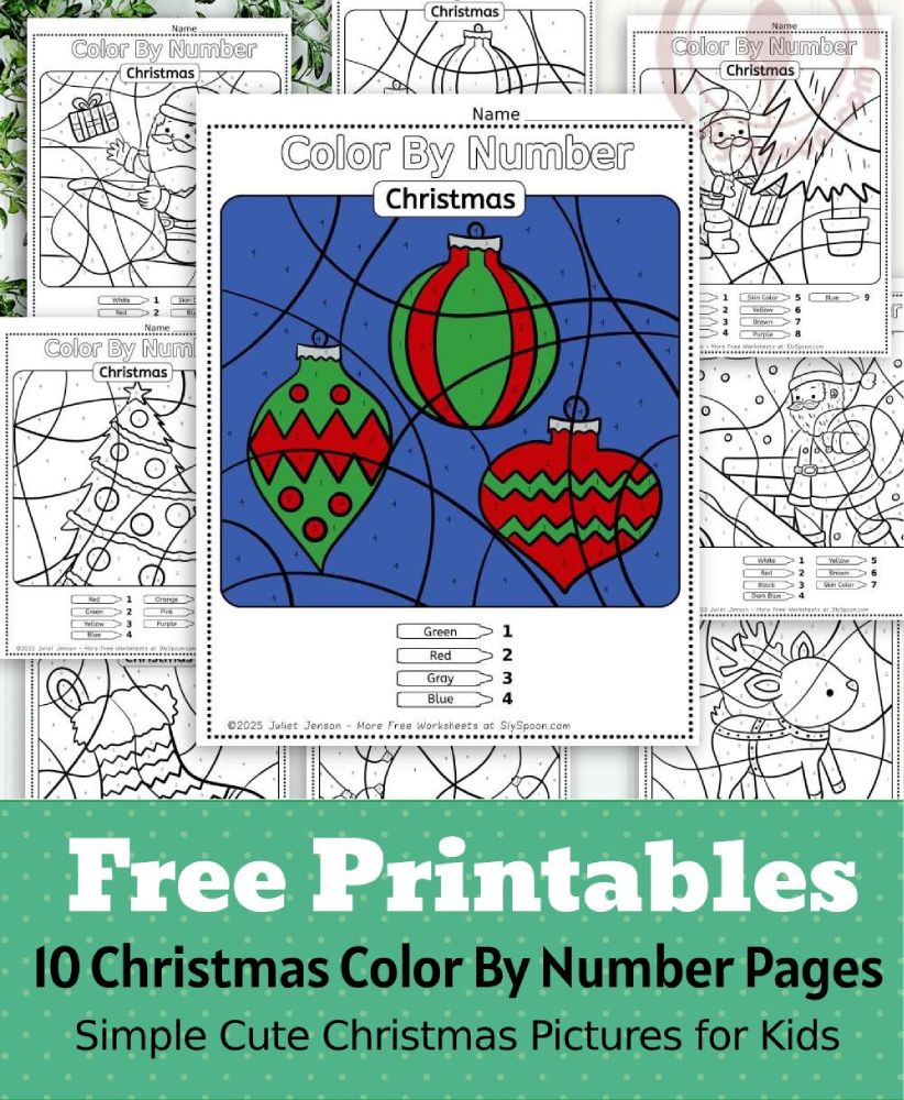 Free Printable Easy Christmas activity idea - Color By Number Worksheet featuring a cute Christmas Ornaments design.