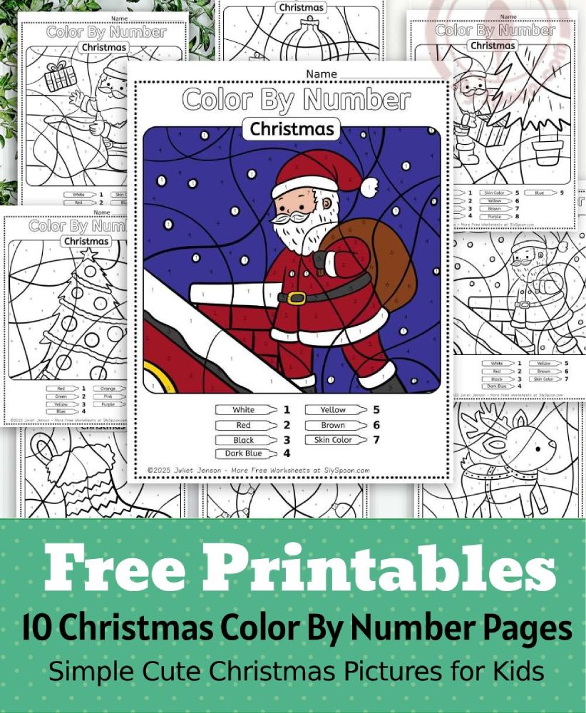 Free Printable Easy Christmas activity idea - Color By Number Worksheet featuring a cute Santa Claus design.