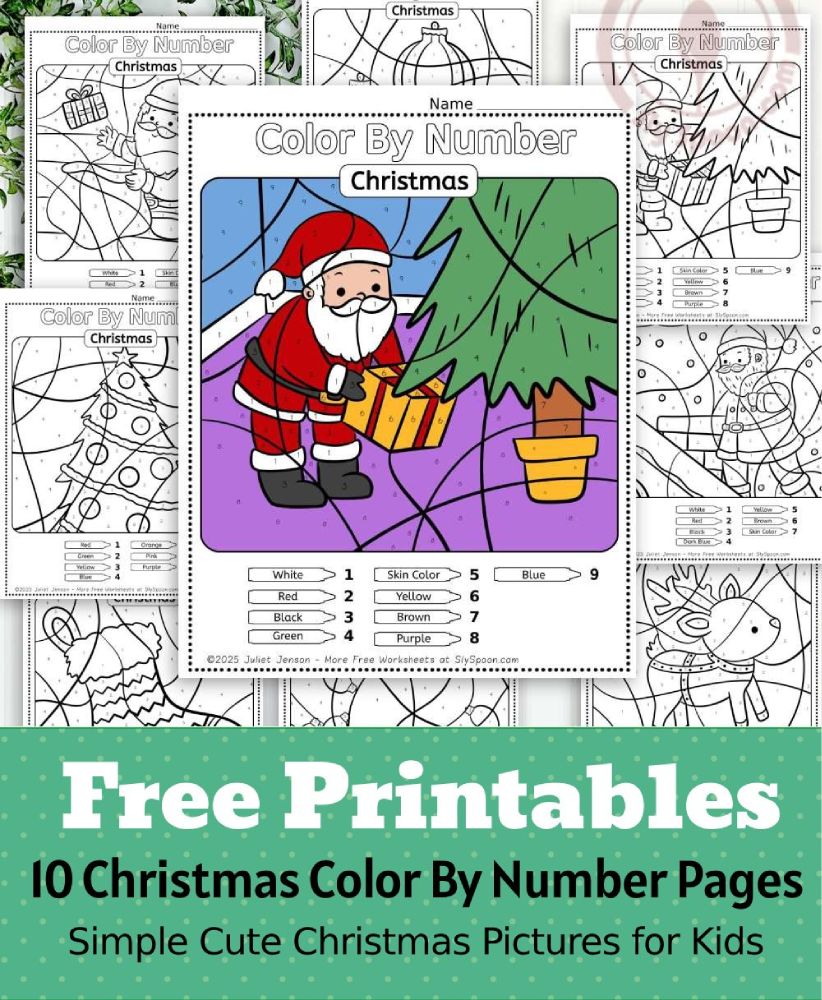 Free Printable Easy Christmas activity idea - Color By Number Worksheet featuring a cute Santa Claus design.
