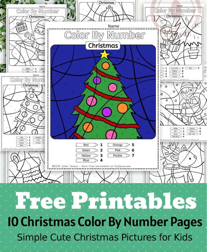 Free Printable Easy Christmas activity idea - Color By Number Worksheet featuring a cute Christmas Tree design.