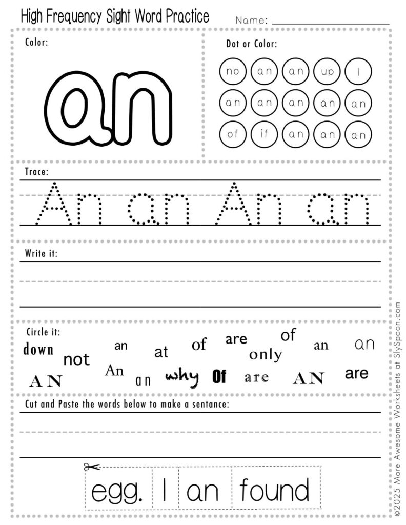 Free Printable Sight word worksheets high frequency Sight Word Practice Dolch and Fry - Sight Word "an" printable page with multiple activities, including dot marker, sight word tracing, cut and paste