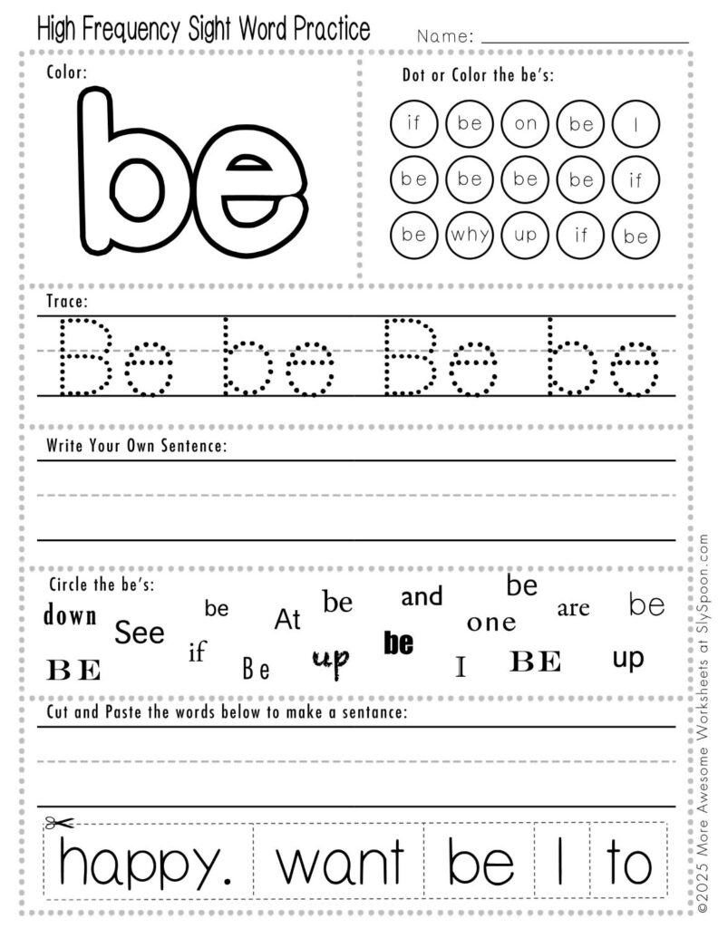 Free Printable Sight word worksheets high frequency Sight Word Practice Dolch and Fry - Sight Word "be" printable page with multiple activities, including dot marker, sight word tracing, cut and paste