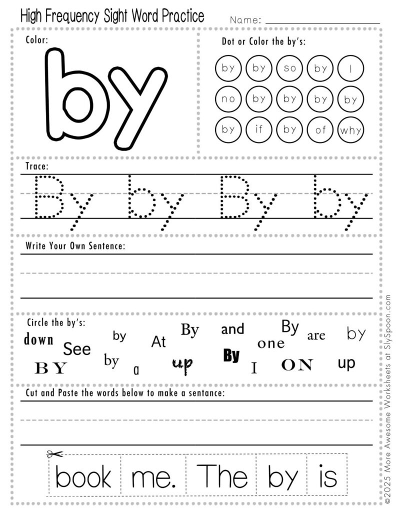 Free Printable Sight word worksheets high frequency Sight Word Practice Dolch and Fry - Sight Word "by" printable page with multiple activities, including dot marker, sight word tracing, cut and paste