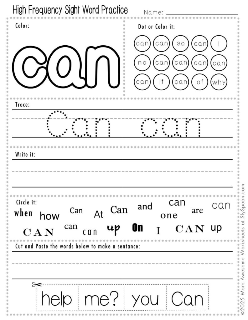 Free Printable Sight word worksheets high frequency Sight Word Practice Dolch and Fry - Sight Word "can" printable page with multiple activities, including dot marker, sight word tracing, cut and paste