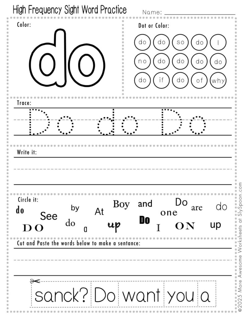 Free Printable Sight word worksheets high frequency Sight Word Practice Dolch and Fry - Sight Word "do" printable page with multiple activities, including dot marker, sight word tracing, cut and paste