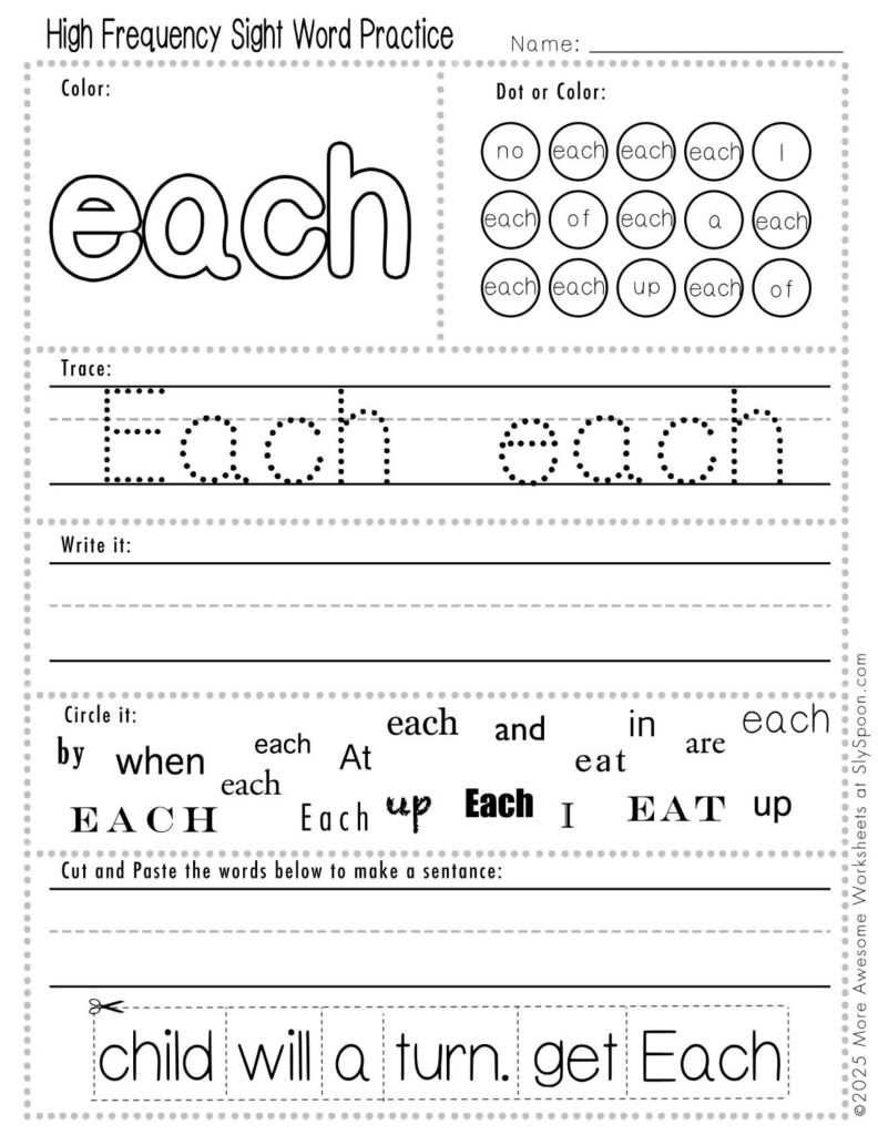 Free Printable Sight word worksheets high frequency Sight Word Practice Dolch and Fry - Sight Word "each" printable page with multiple activities, including dot marker, sight word tracing, cut and paste