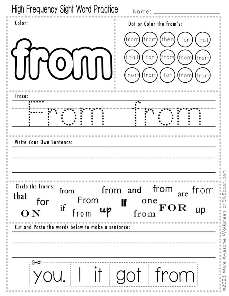 Free Printable Sight word worksheets high frequency Sight Word Practice Dolch and Fry - Sight Word "from" printable page with multiple activities, including dot marker, sight word tracing, cut and paste